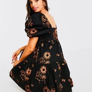 ASOS Black Cotton Mini Dress with Celestial Embroidery Size 6 NWT